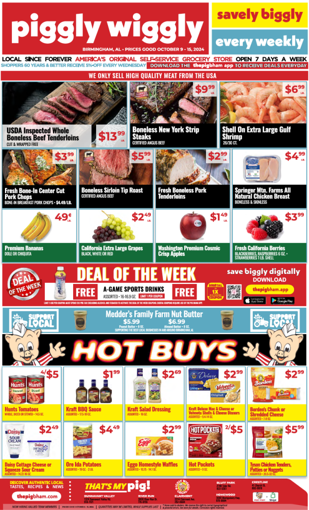Piggly Wiggly weekly ad for October 9-15, 2024, showcasing discounts on meats, fresh produce, and grocery items. The ad highlights USDA boneless beef tenderloins, boneless New York strip steaks, and free A-Game Sports Drinks with a digital coupon.